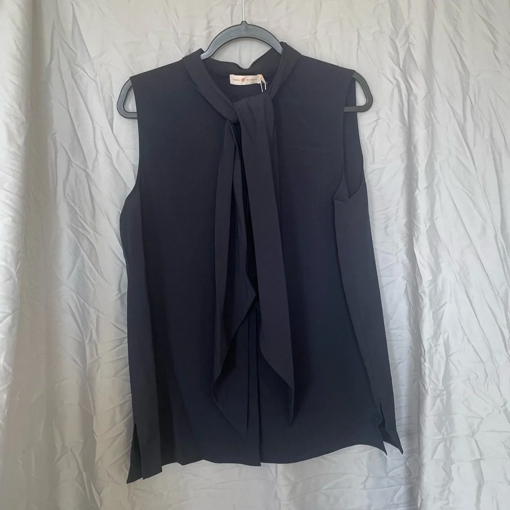 Tory Burch navy blue sleeveless bow blouse